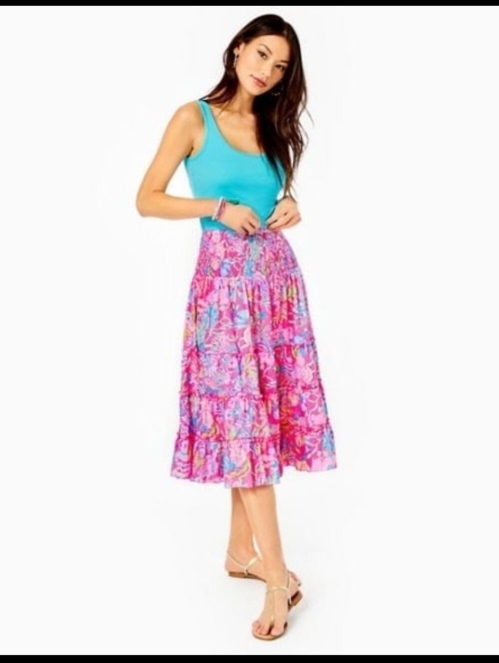 Lilly Pulitzer Hot Pink Multi-Color Floral Tiered Smocked Skirt - Picture 2 of 10